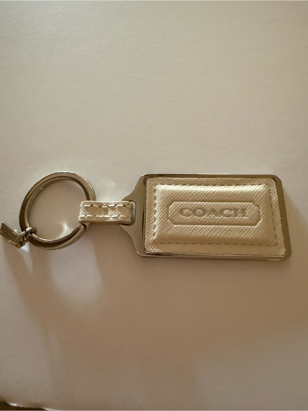 Coach Ivory Leather W Metal Back Hang Tag Key Fob Bag Charm 2” Silver Back